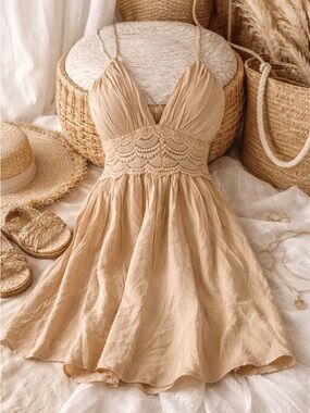Blåshe Tan Crochet Lace Boho Mini Dress Festival Cottagecore S